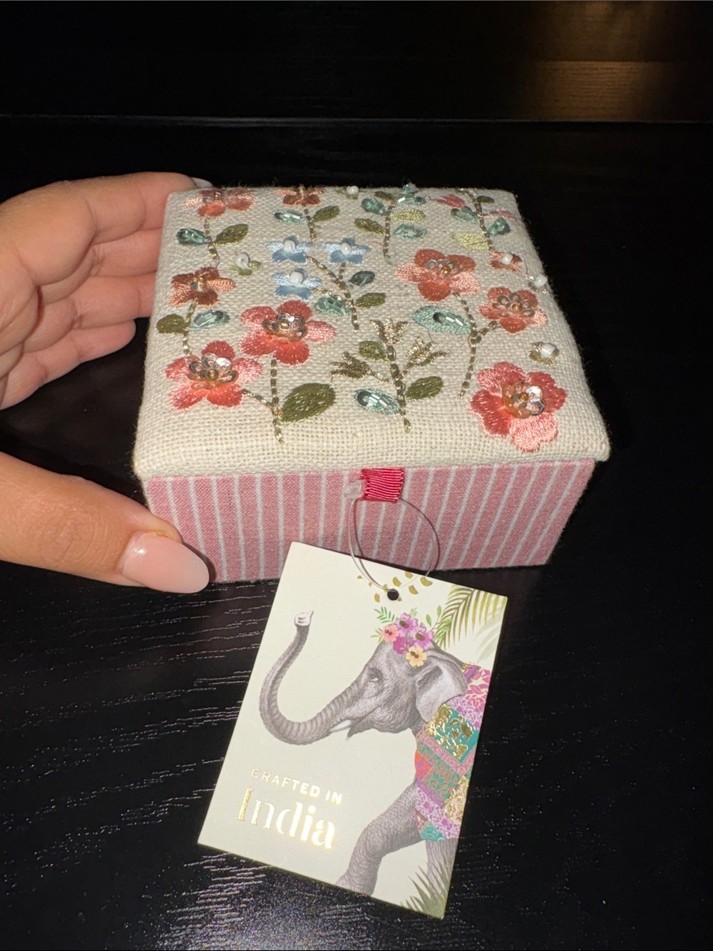 Embroidered Floral Key & Card Holder - Pink and Cream